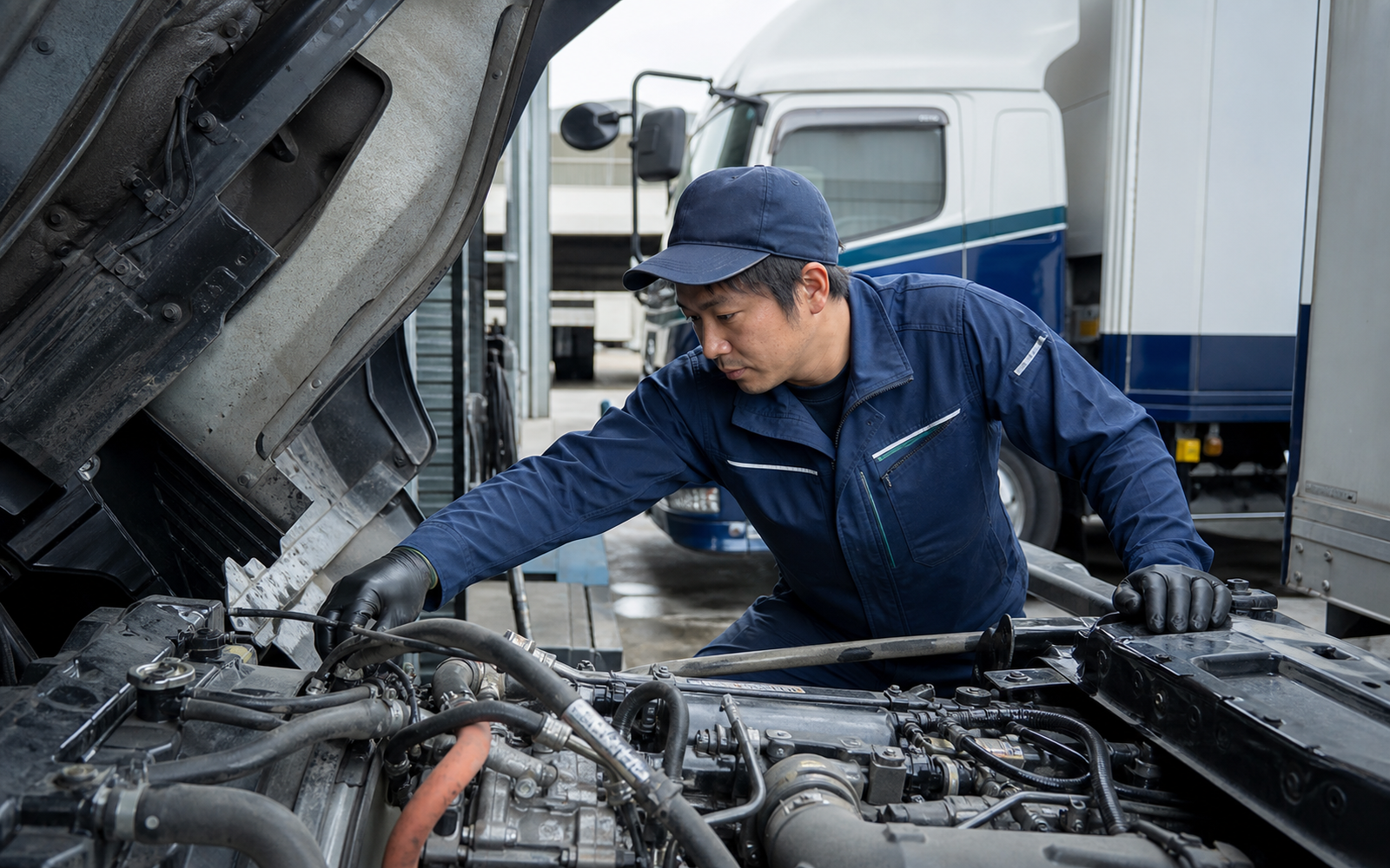 トラックのエンジンを点検する整備士